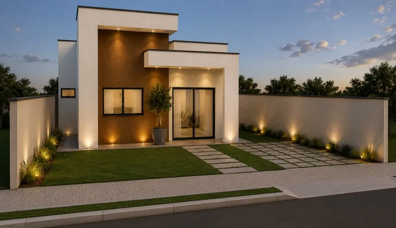 Fachada da casa modelo ao entardecer, com volumes retos e iluminação embutida