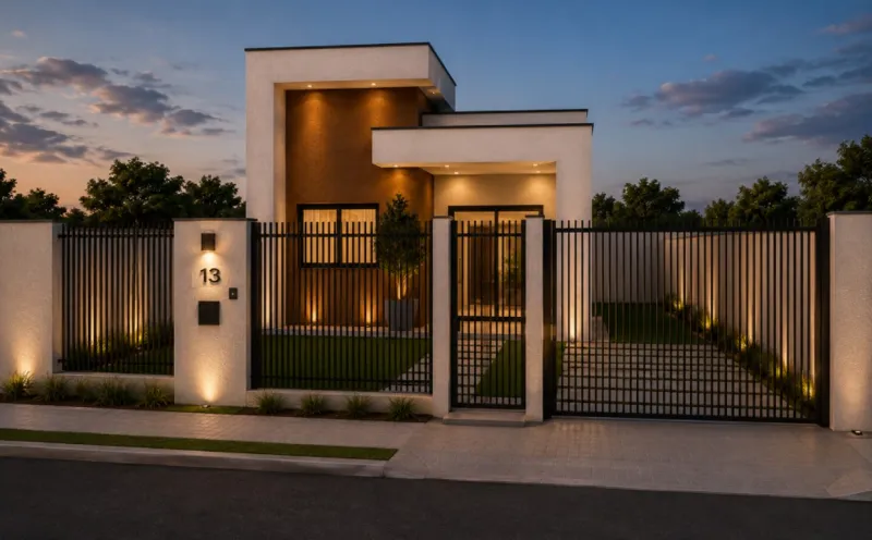 Casa modelo vista da calçada, com muro, portão de correr e jardim frontal