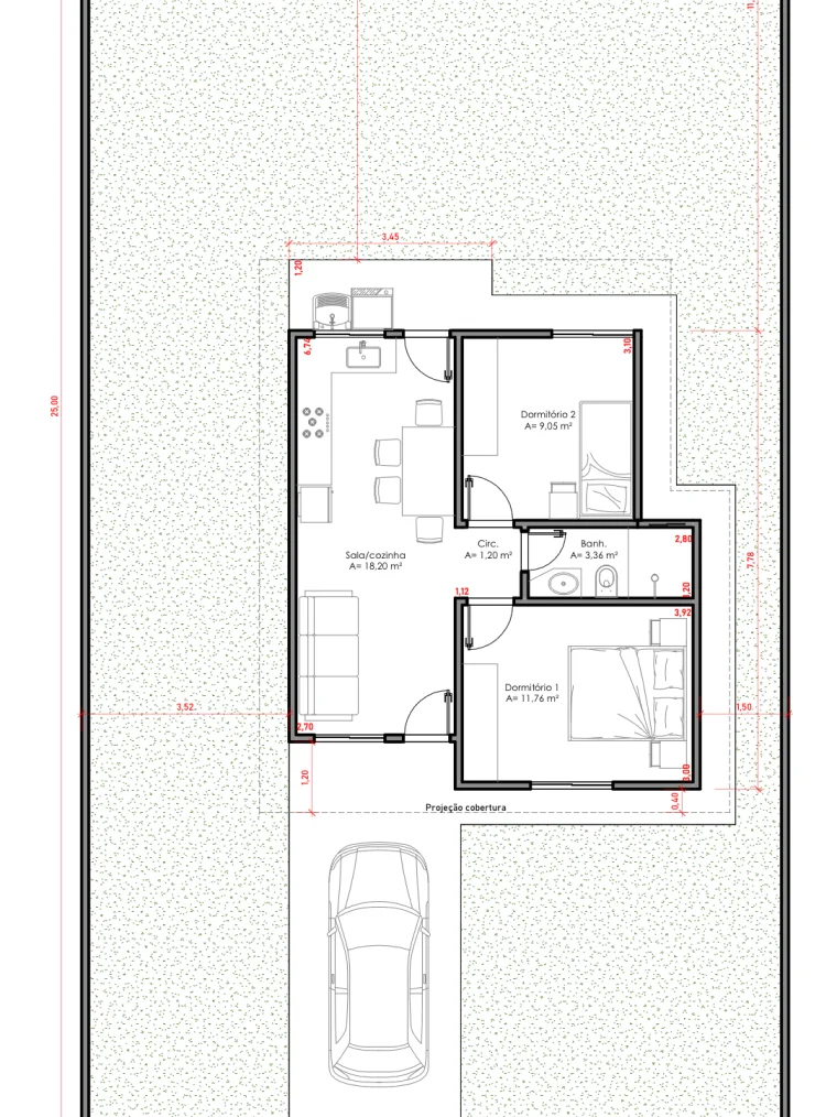 Planta baixa da casa de 48,83 m² com dois dormitórios