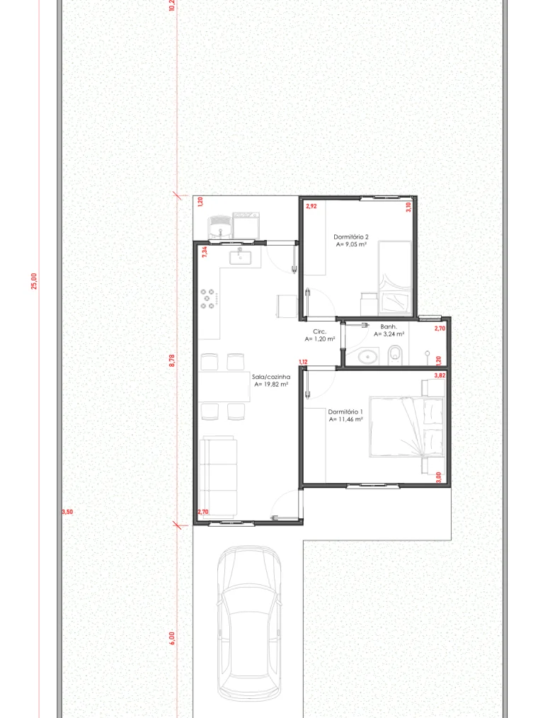 Planta baixa da casa de 53,57 m² com dois dormitórios