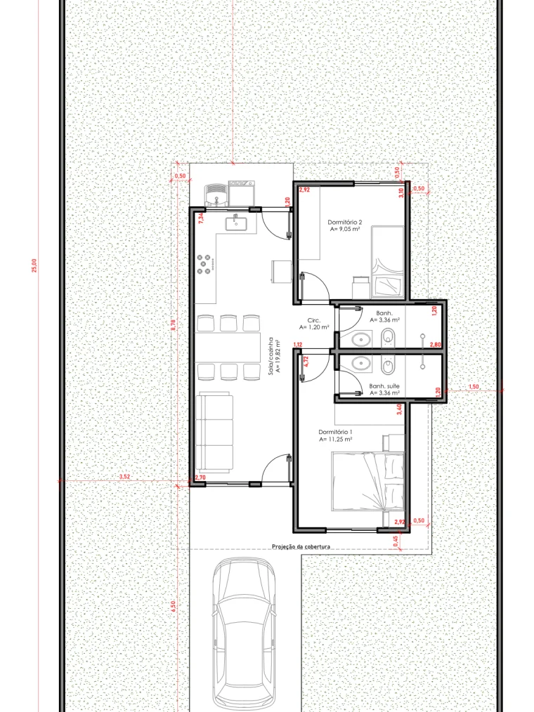 Planta baixa da casa de 54,28 m² com dois dormitórios, sendo um suíte