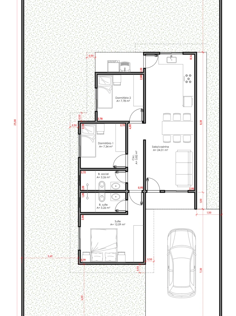 Planta baixa da casa de 69,19 m² com três dormitórios, sendo um suíte