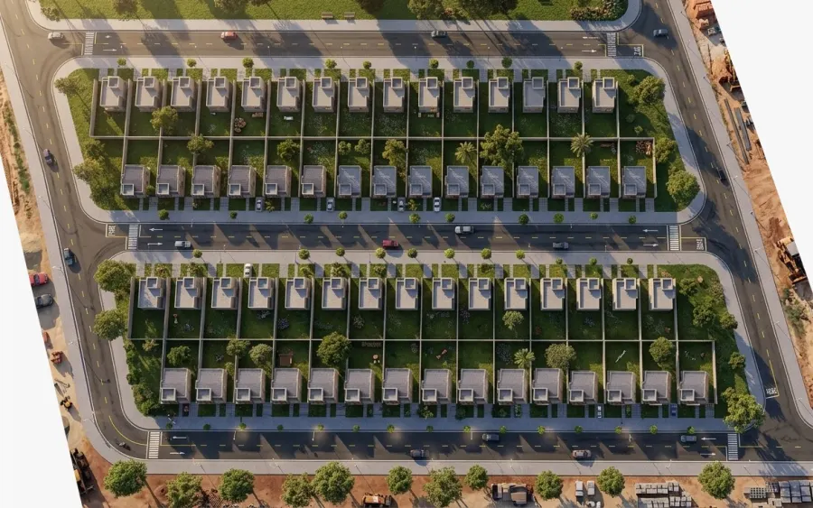 Vista aérea das duas quadras com as casas alinhadas e os quintais
