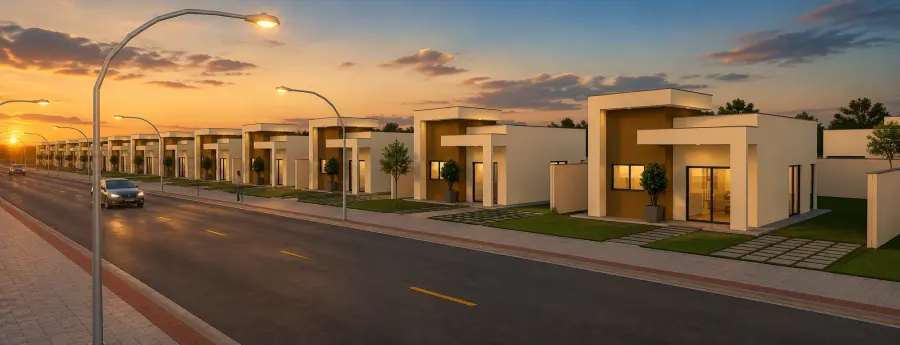 Sequência de casas do empreendimento com o pôr do sol ao fundo