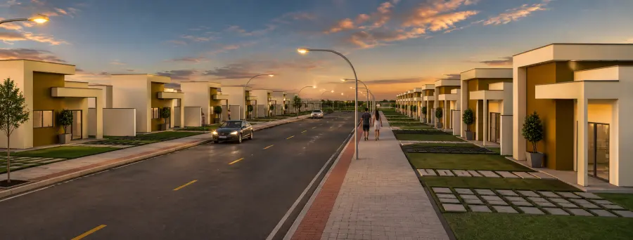 Rua do empreendimento ao entardecer, com casas dos dois lados, calçada e postes acesos